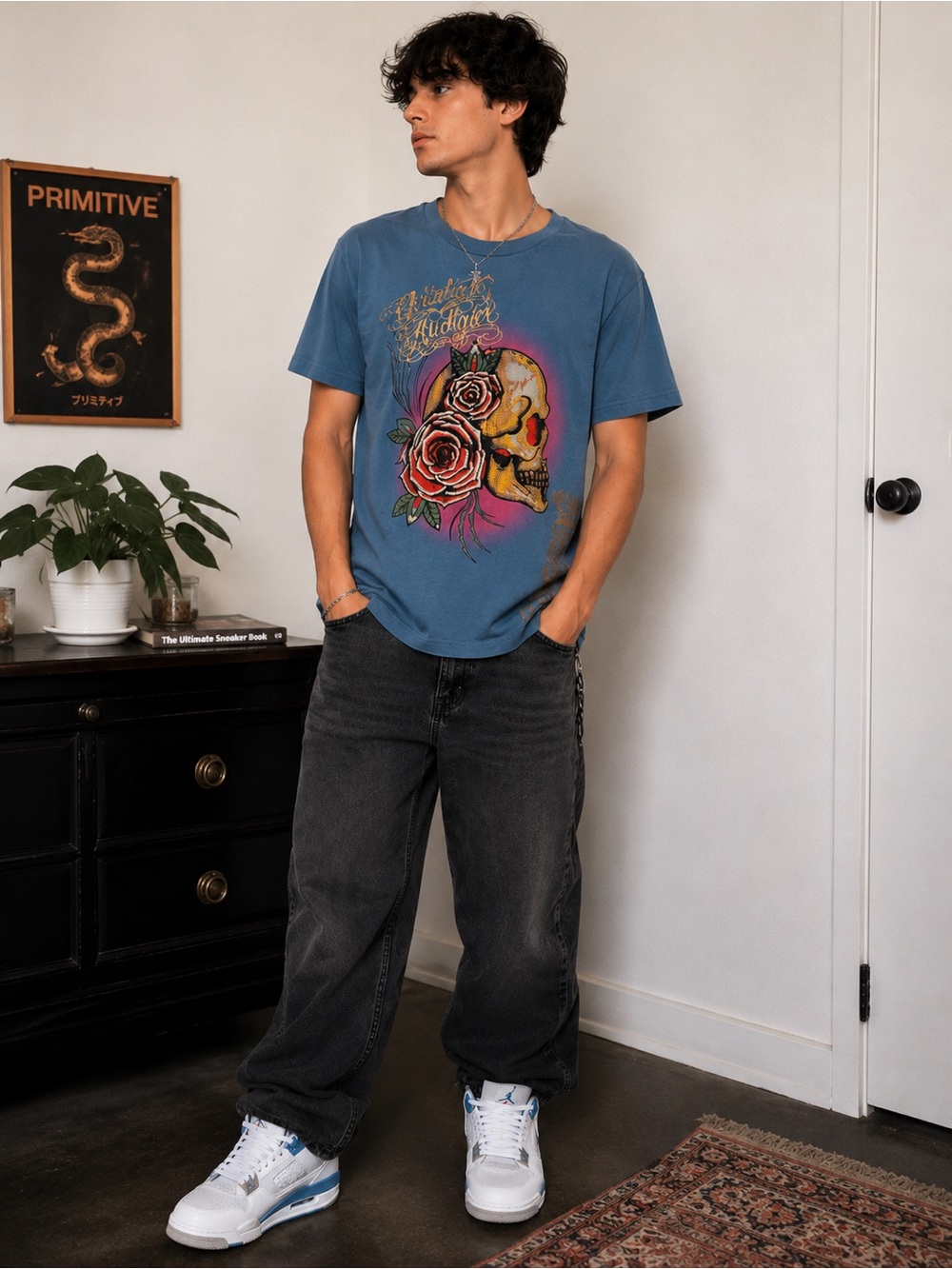 Vintage Christian Audigier Skull & Roses Graphic Tee Blue Men’s XL